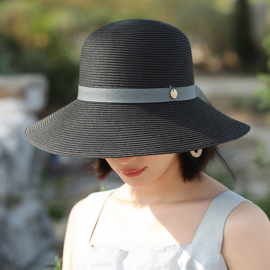 Sombrero de paja con ala ancha encriptada, con cordones y resistente al sol, elegante