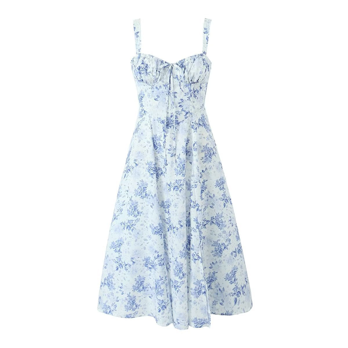 Robe mi-longue à bretelles en coton imprimé porcelaine bleu et blanc pour femme
