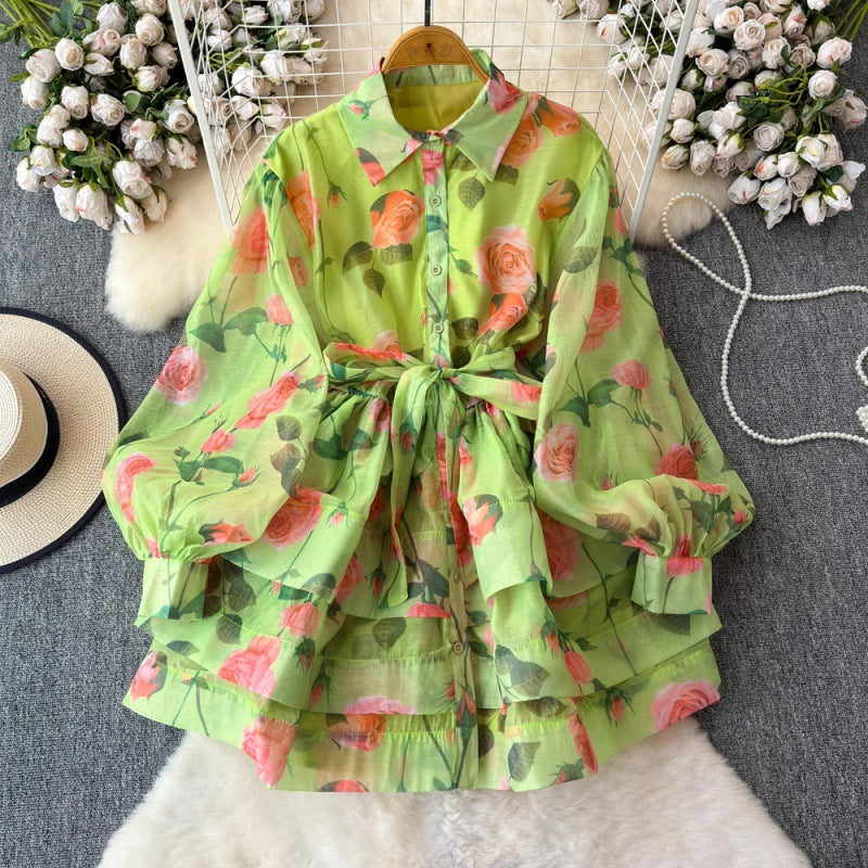 Retro Lace Up Waist Trimming Printing Ruffled Tiered Dress Short Shirt Legant Jumpsuit