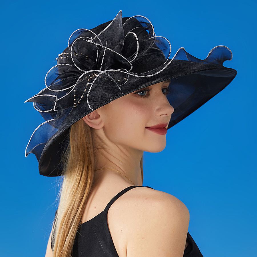Chapeau de protection solaire pour femme en organza, couleur unie, grande fleur, style britannique, élégant et gracieux