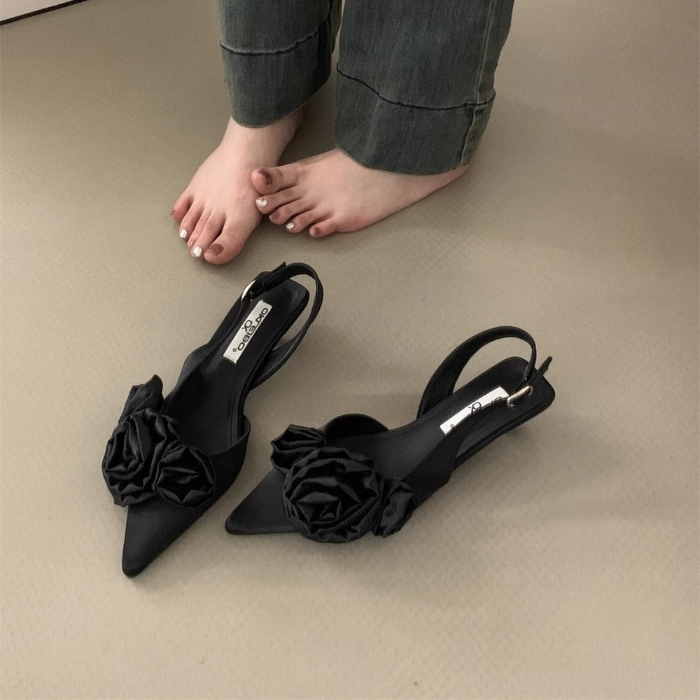 Sandalias puntiagudas con punta cerrada y flor francesa, color negro, zapatos de hadas