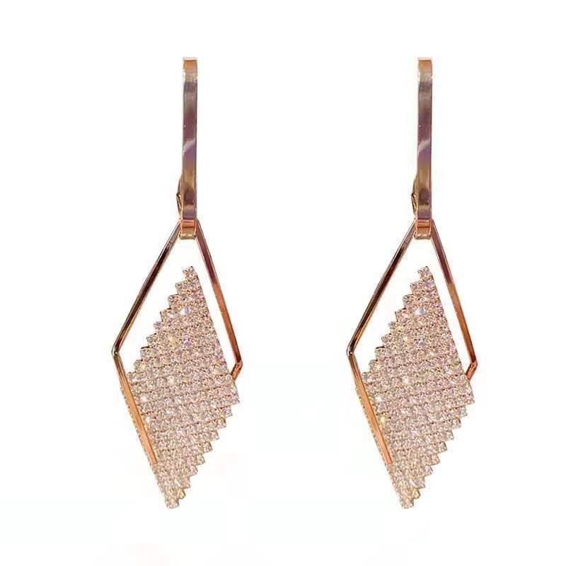 Pendientes de plata de ley con forma geométrica, llenos de joyas, de lujo, de alta calidad, con temperamento y sentido del sentido del temperamento