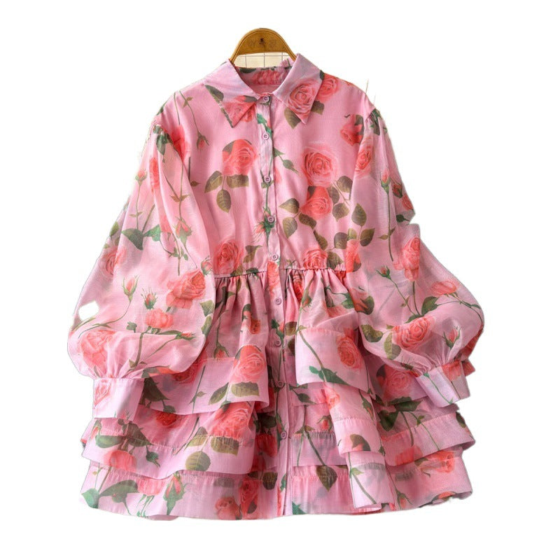Retro Lace Up Waist Trimming Printing Ruffled Tiered Dress Short Shirt Legant Jumpsuit