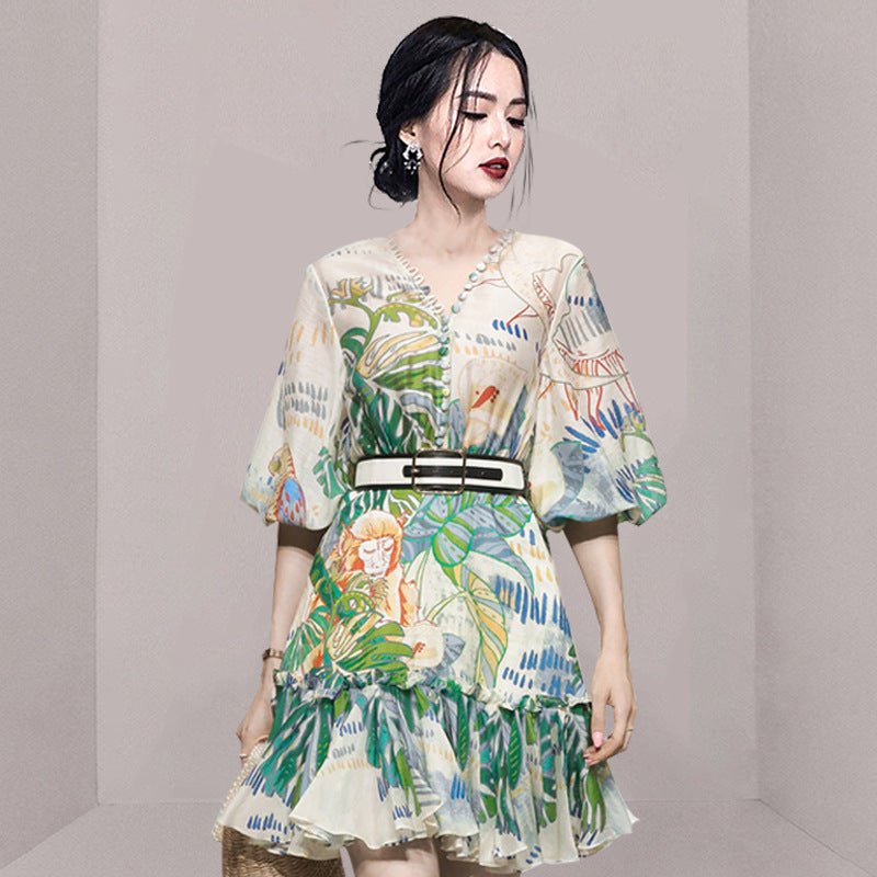 Vestido retro con estampado verde, manga farol, cintura adelgazante