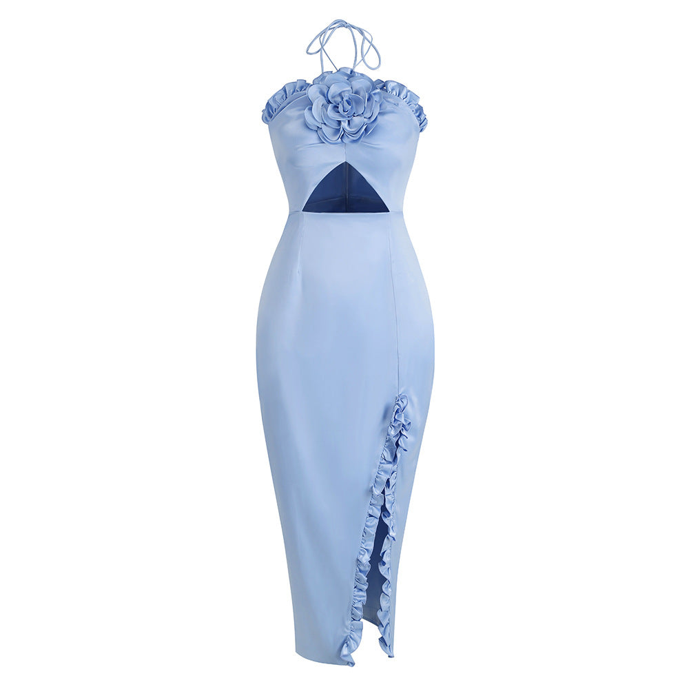 Female Ornament Flower Party Backless Lace Up Split Dress