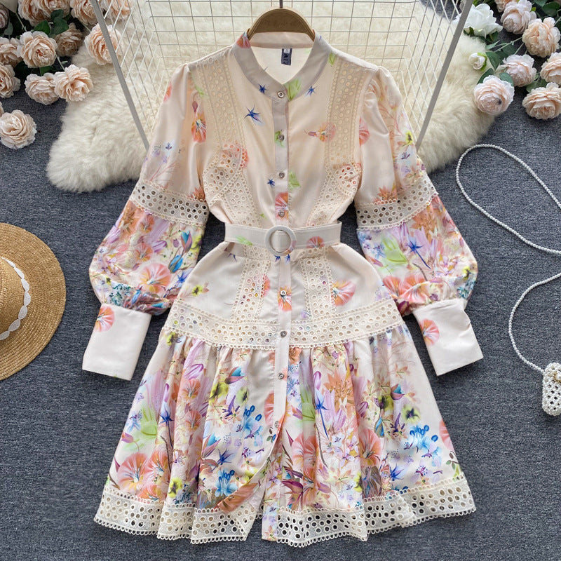 Ethnic Style Waist Slimming Hollow-out Elegant Long Sleeve Dress