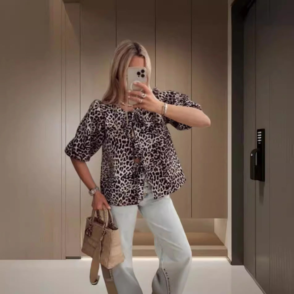 Camisa de manga abullonada con hojas de loto para mujer