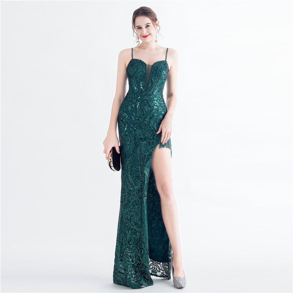 Robe de soirée en arête de poisson à paillettes et fleurs perlées faite à la main
