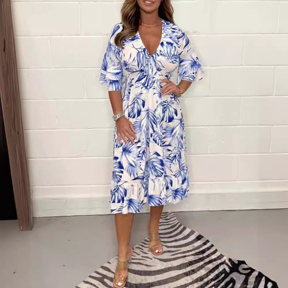 Vestido casual estampado de manga larga con cuello en V Mujer