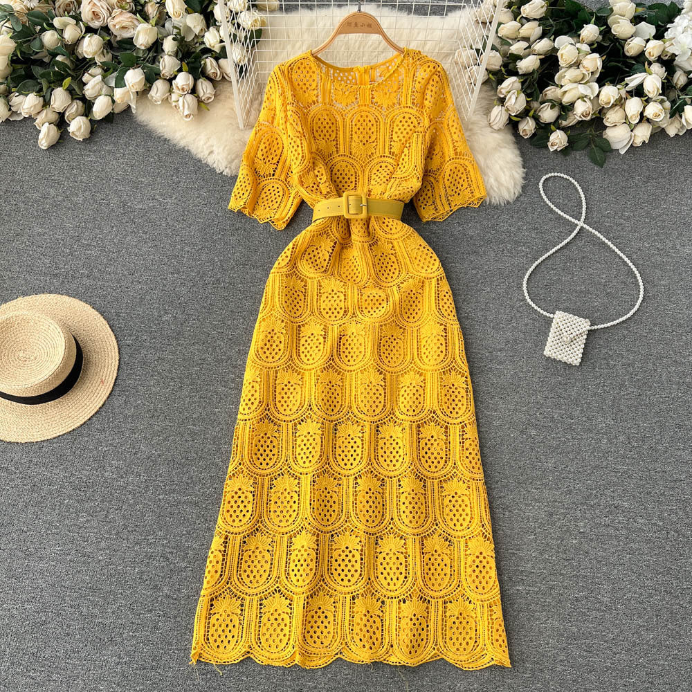 Round Neck Long Sleeve Lace Short Sleeve Crocheted Waist-slimming Long Dress