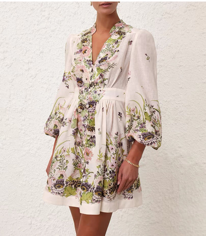 Lantern Sleeve Cotton And Linen Temperament Waist-controlled Single-breasted Skirt Vacation Style