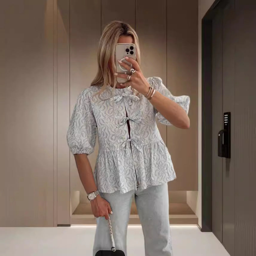 Camisa de manga abullonada con hojas de loto para mujer