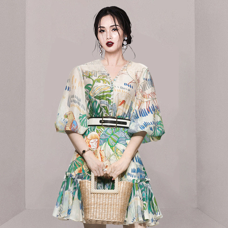 Vestido retro con estampado verde, manga farol, cintura adelgazante