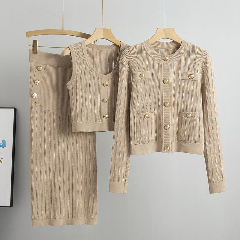Casual Pure Color Slimming Knitted Women's Skirt Suit