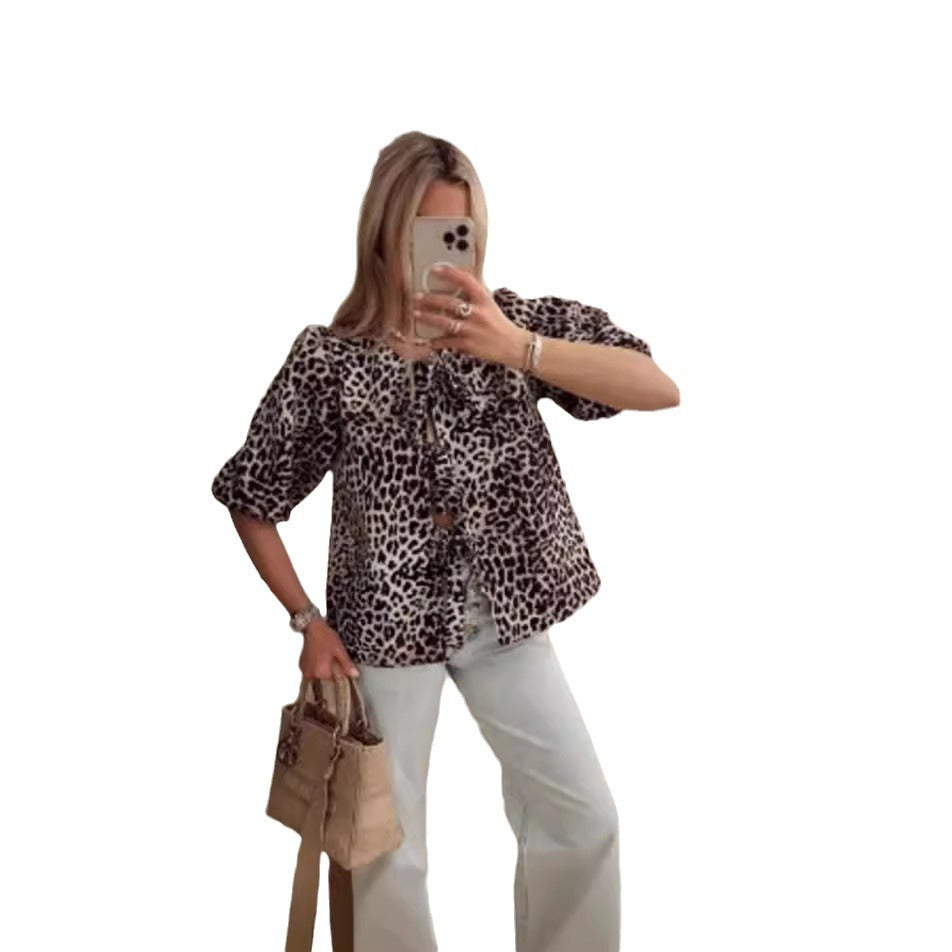 Camisa de manga abullonada con hojas de loto para mujer