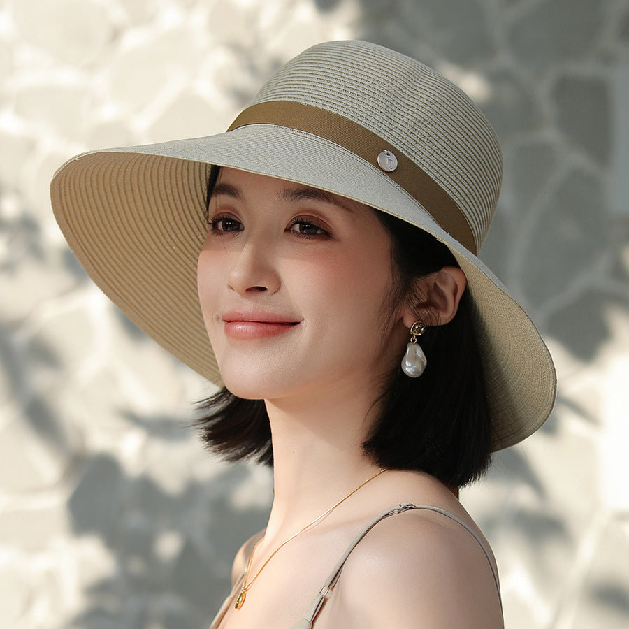 Sombrero de paja con ala ancha encriptada, con cordones y resistente al sol, elegante
