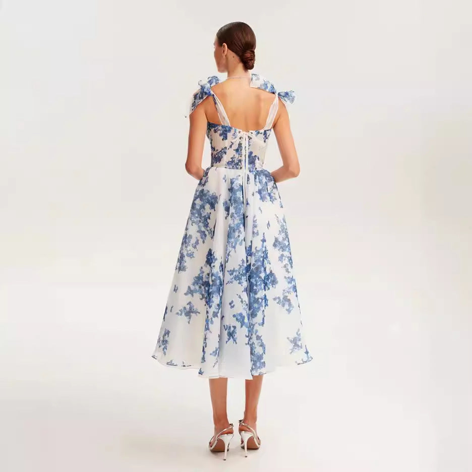 Robe de vacances style fée française à bretelles spaghetti sans manches