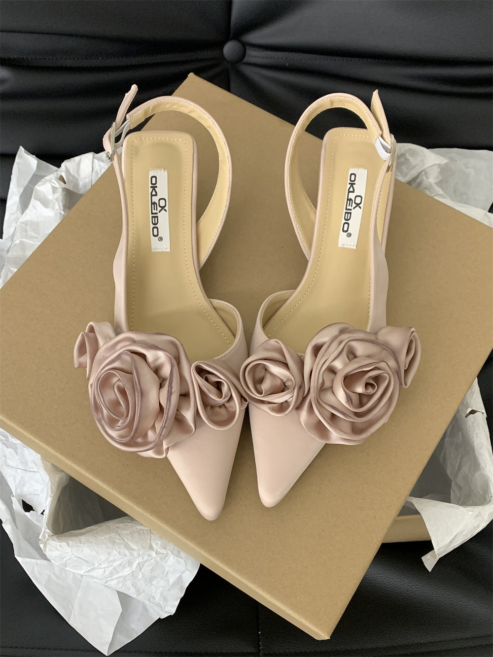 Sandalias puntiagudas con punta cerrada y flor francesa, color negro, zapatos de hadas