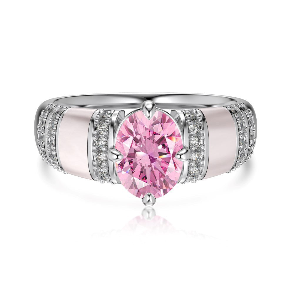 Anillo de moda con incrustaciones de circonitas redondas y fritillaria ovalada de plata de ley S925