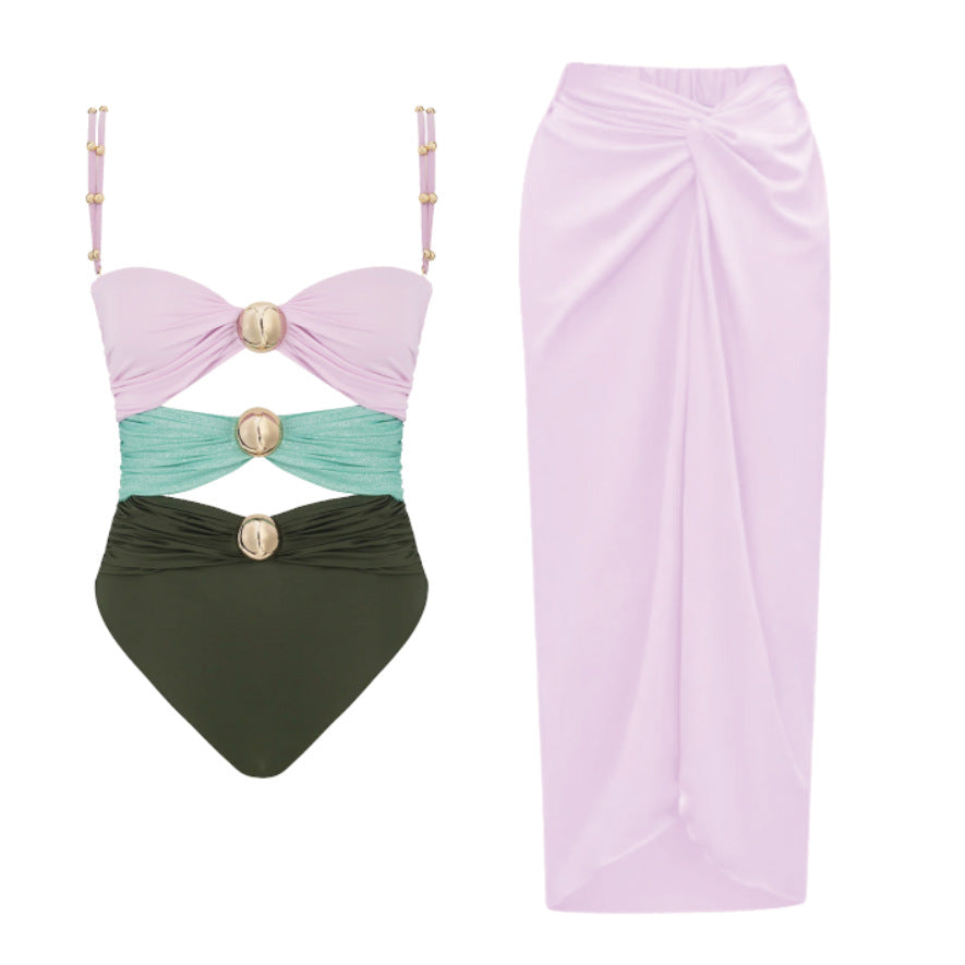 Maillot de bain bikini trois pièces fendu à boutons dorés pour femme
