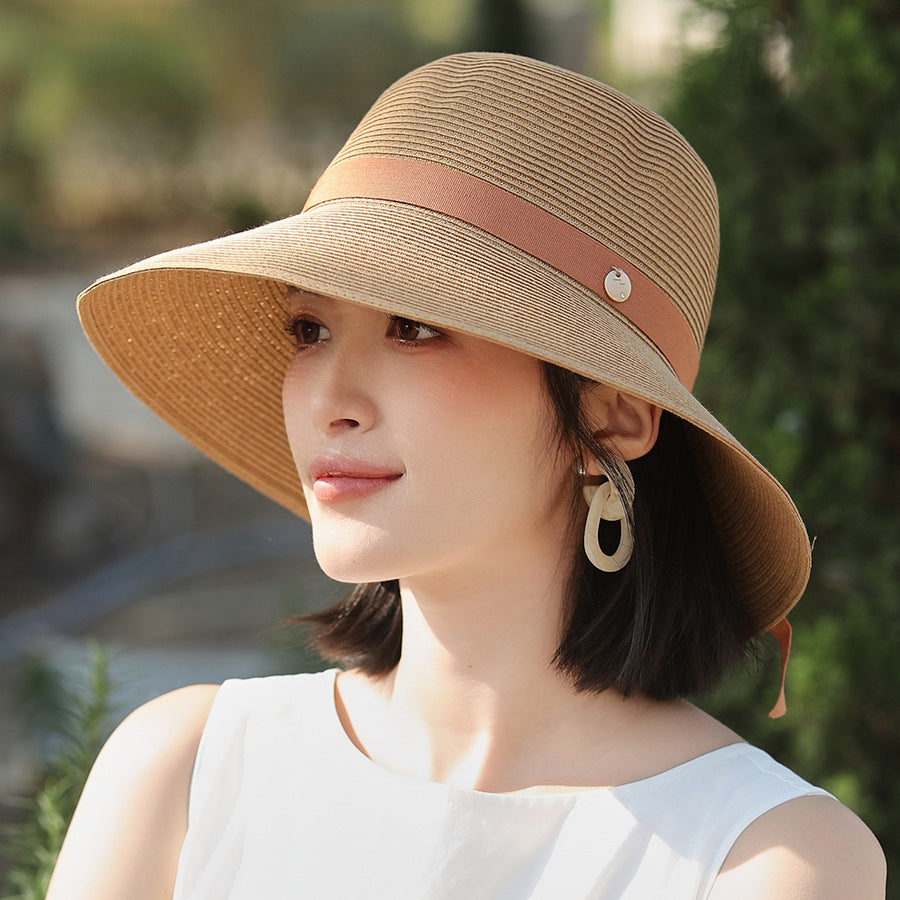 Sombrero de paja con ala ancha encriptada, con cordones y resistente al sol, elegante