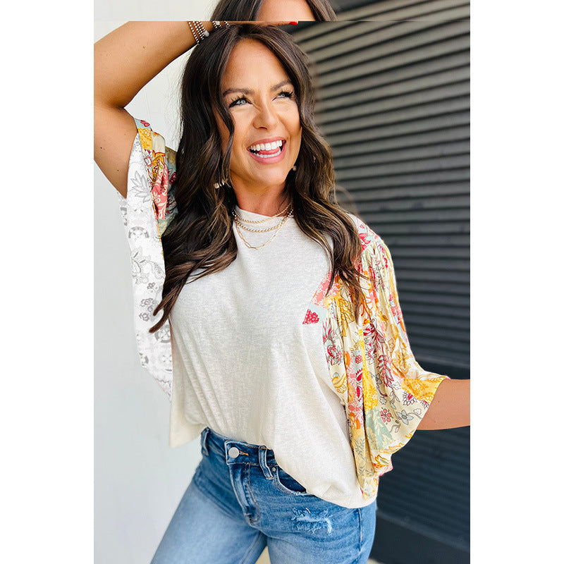 Pull col rond pour femme, chemise ample en mousseline imprimée