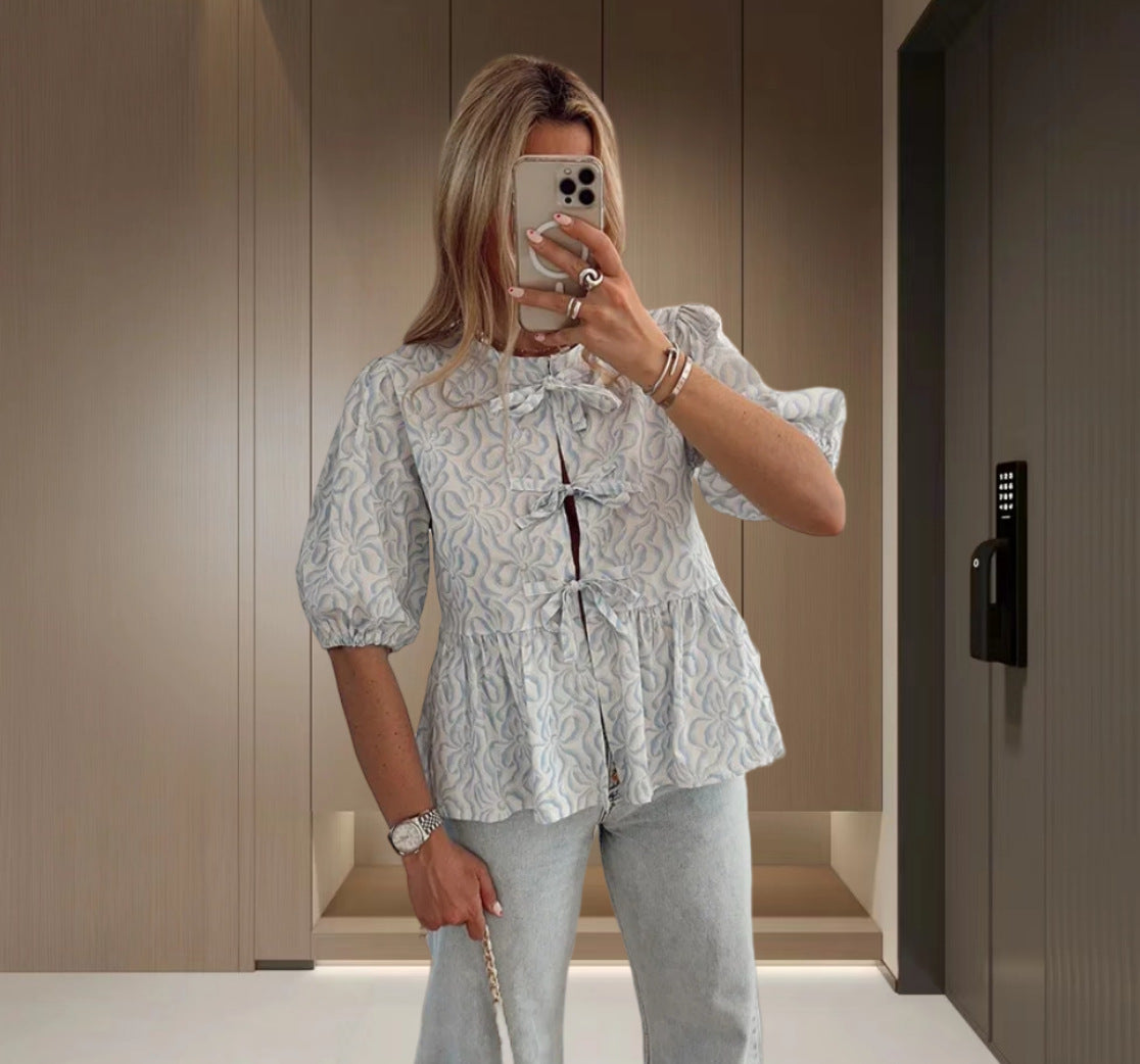 Camisa de manga abullonada con hojas de loto para mujer