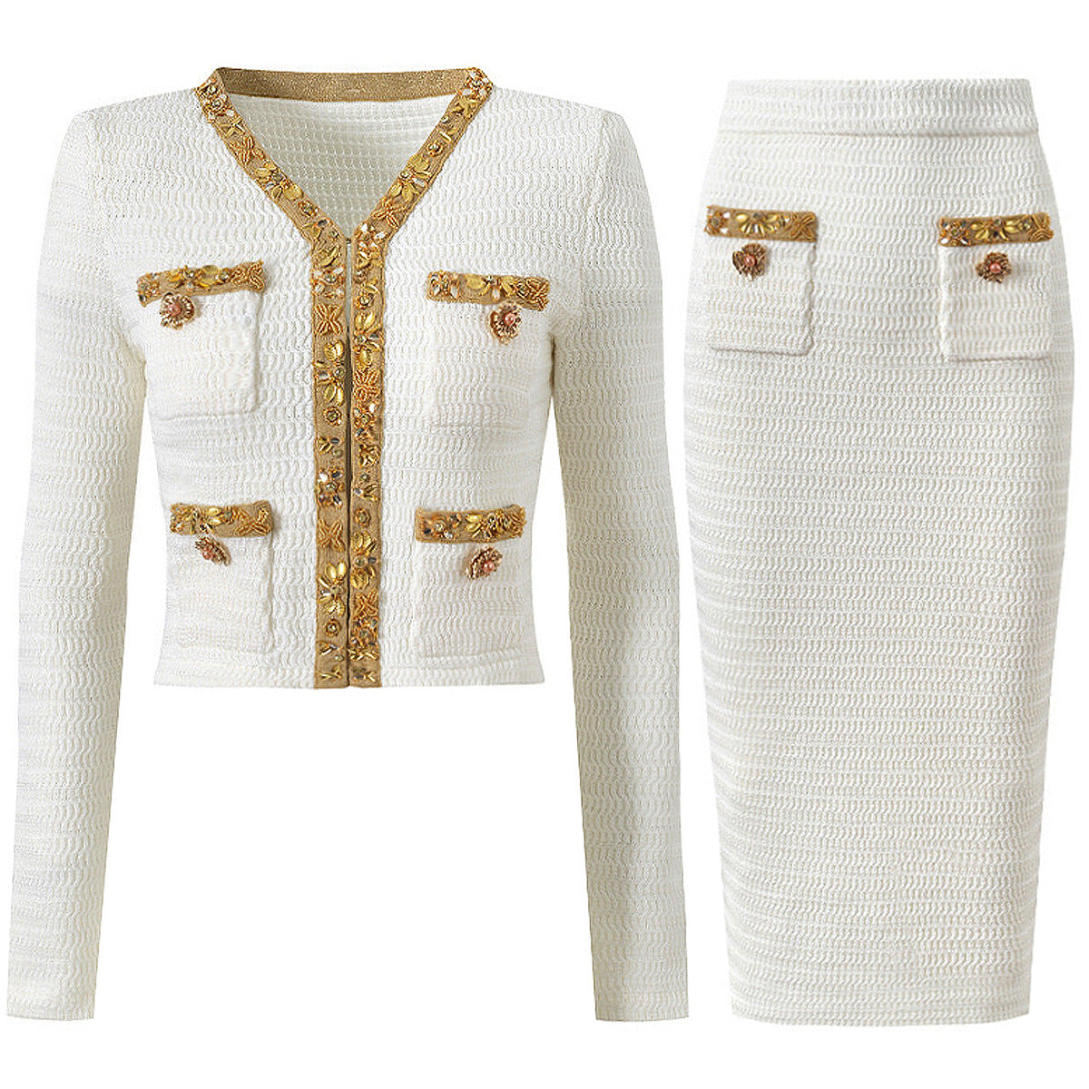 Fashionable Knitted Sequin Bead Tup Cardigan Coat Package Hip Skirt