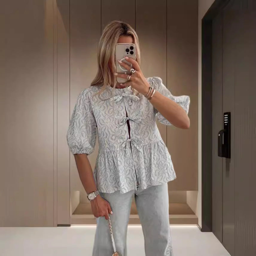 Camisa de manga abullonada con hojas de loto para mujer