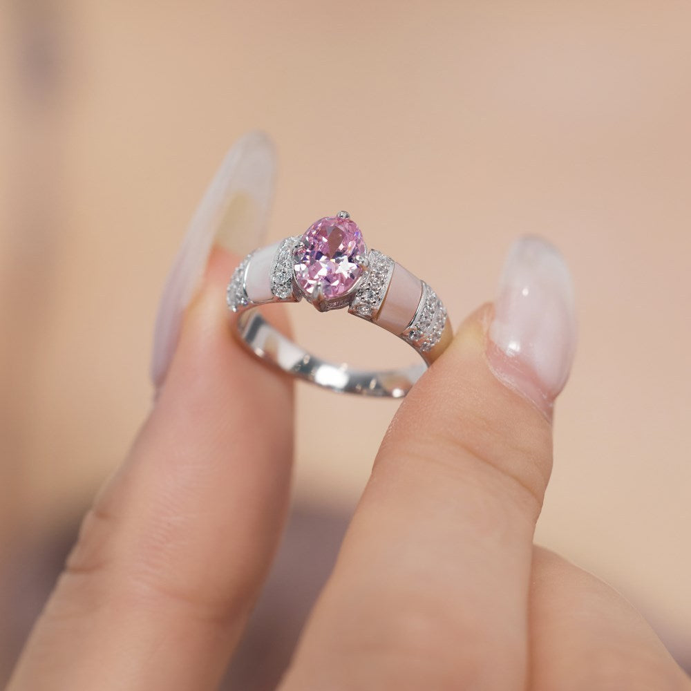 Anillo de moda con incrustaciones de circonitas redondas y fritillaria ovalada de plata de ley S925