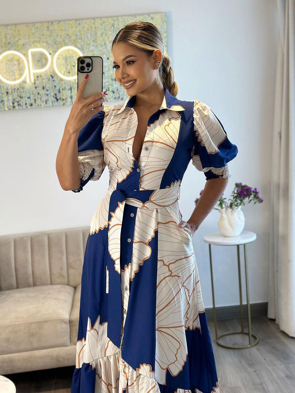 Irregular High Waist Temperament Shirt Cardigan Printing Maxi Dress