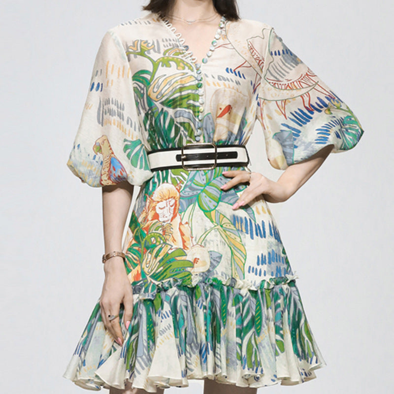 Vestido retro con estampado verde, manga farol, cintura adelgazante