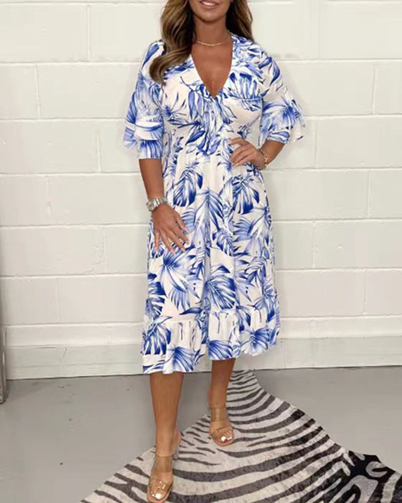 Vestido casual estampado de manga larga con cuello en V Mujer