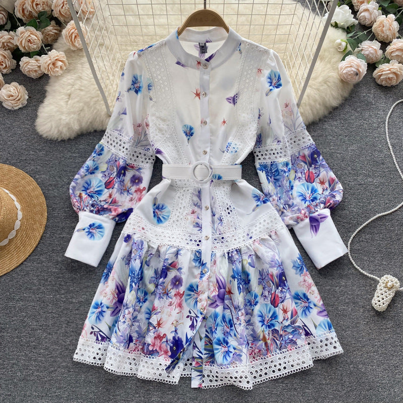 Ethnic Style Waist Slimming Hollow-out Elegant Long Sleeve Dress