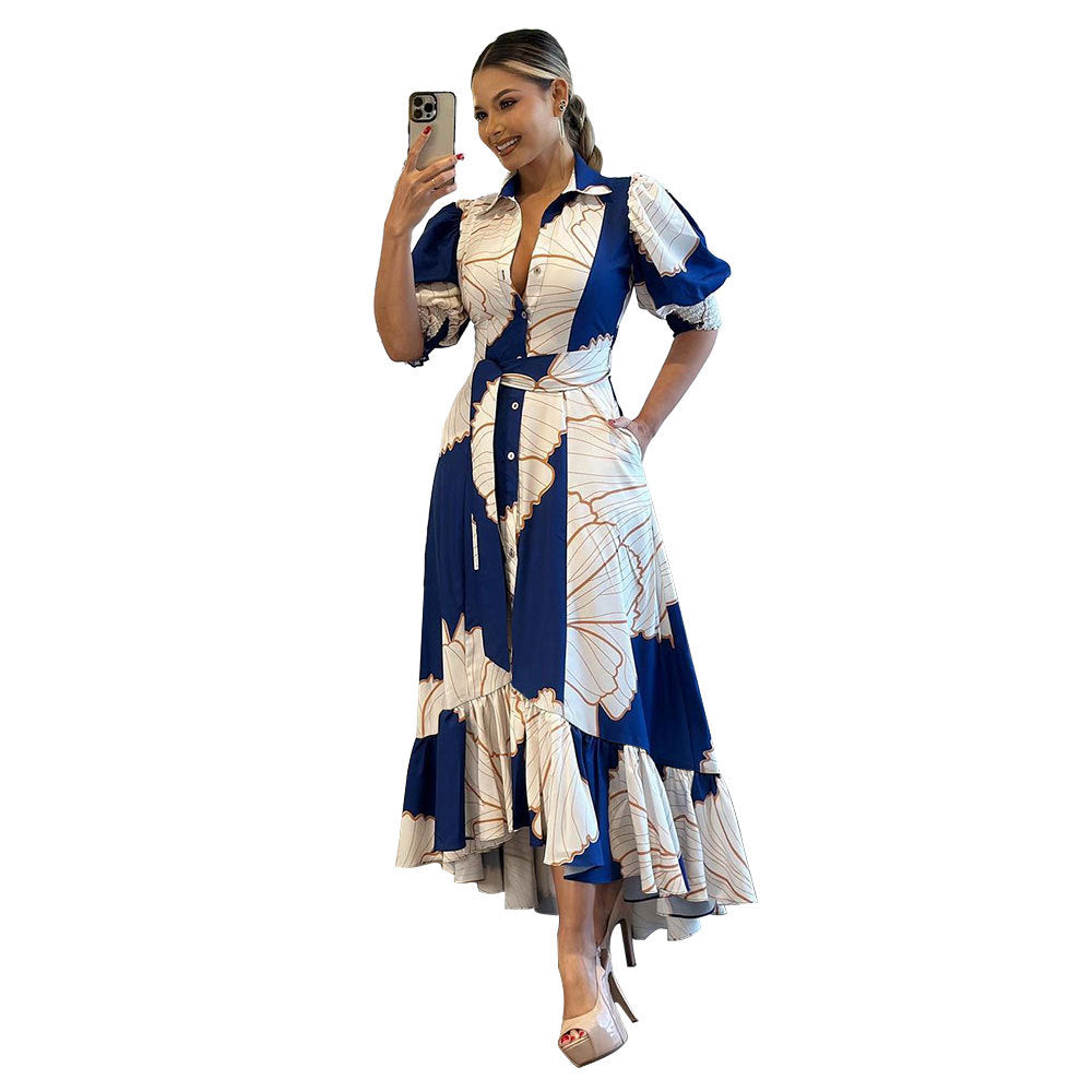 Irregular High Waist Temperament Shirt Cardigan Printing Maxi Dress