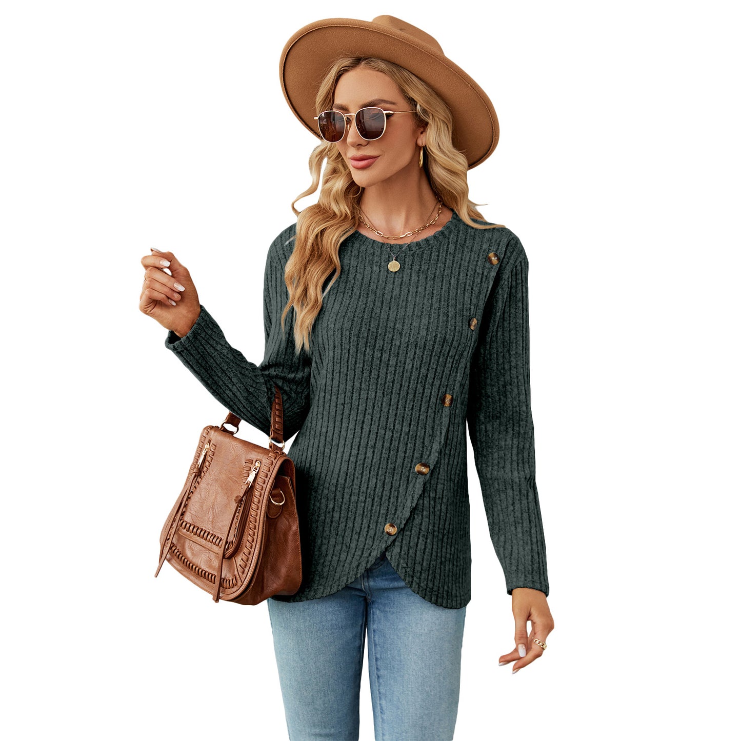 T-shirt à manches longues et col rond pour femme avec ourlet tulipe