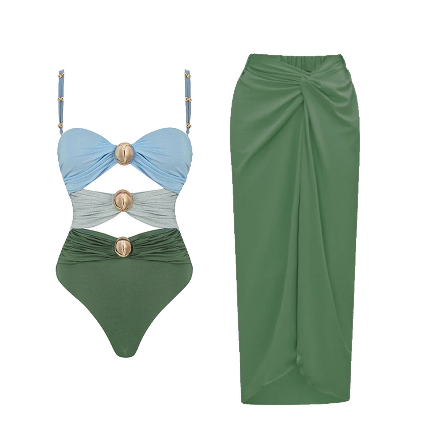 Maillot de bain bikini trois pièces fendu à boutons dorés pour femme