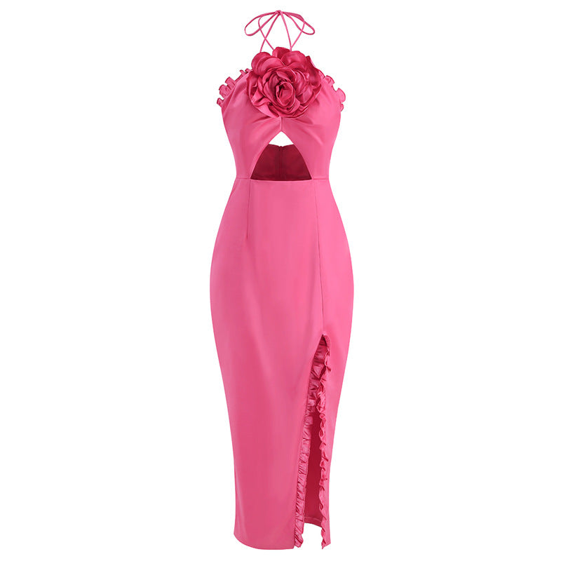 Female Ornament Flower Party Backless Lace Up Split Dress