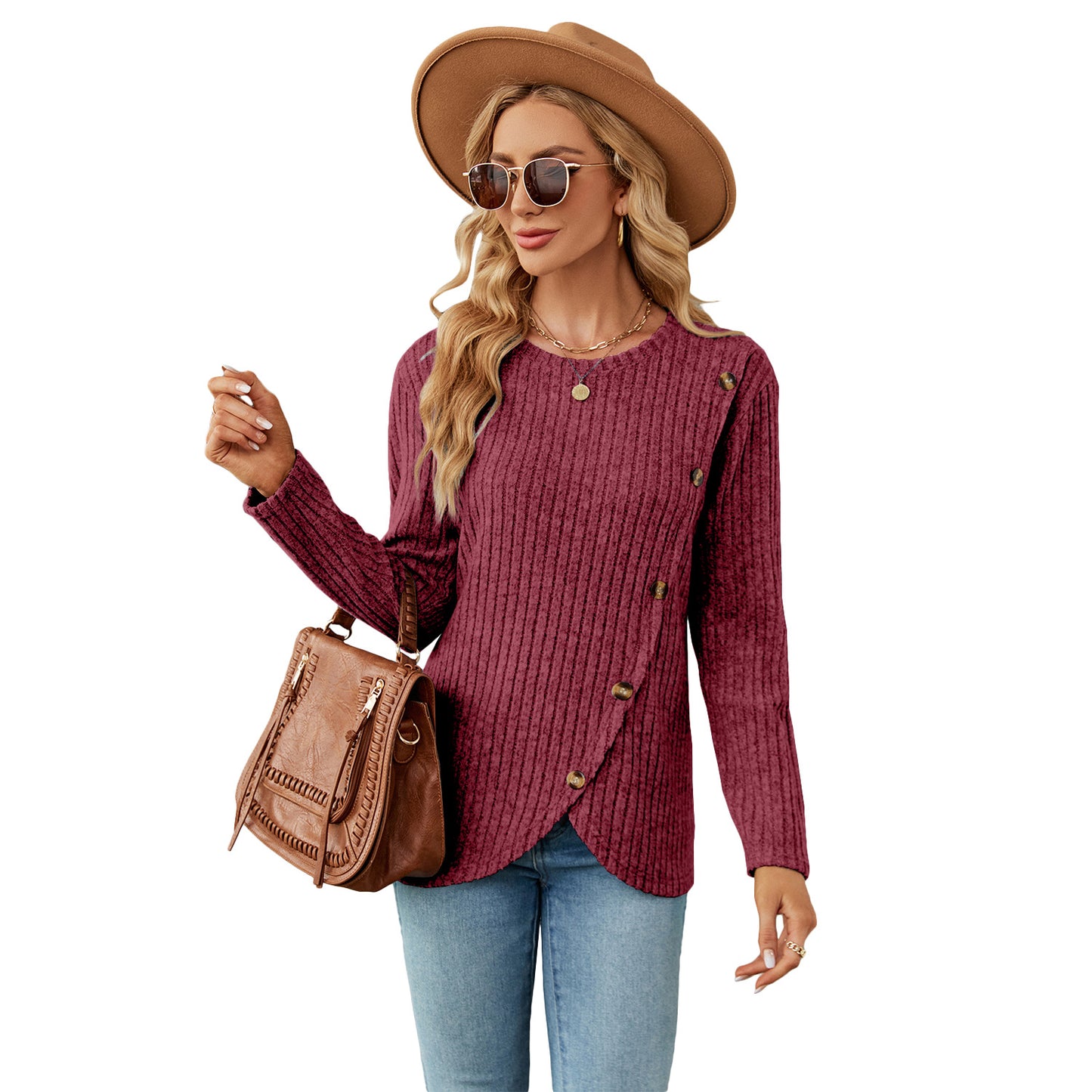 T-shirt à manches longues et col rond pour femme avec ourlet tulipe