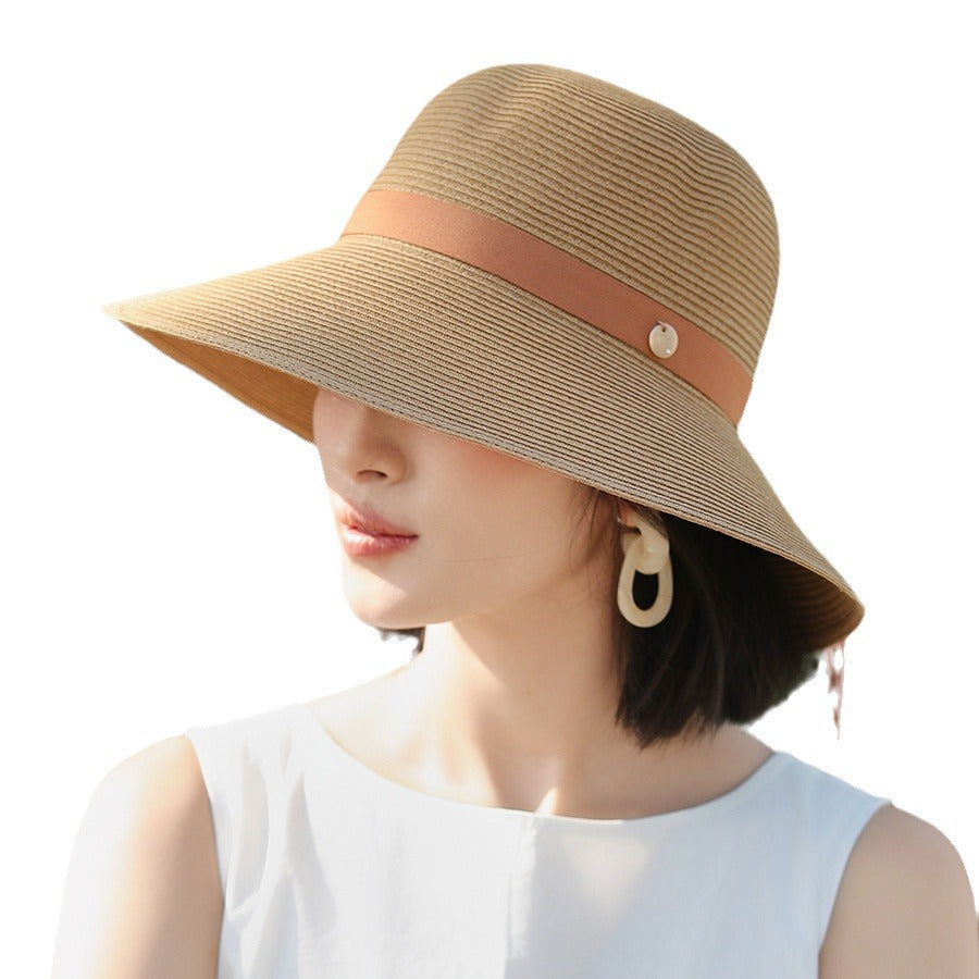 Sombrero de paja con ala ancha encriptada, con cordones y resistente al sol, elegante