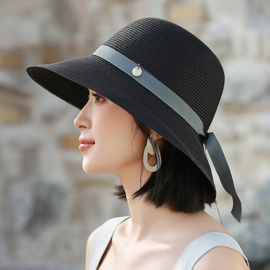 Sombrero de paja con ala ancha encriptada, con cordones y resistente al sol, elegante