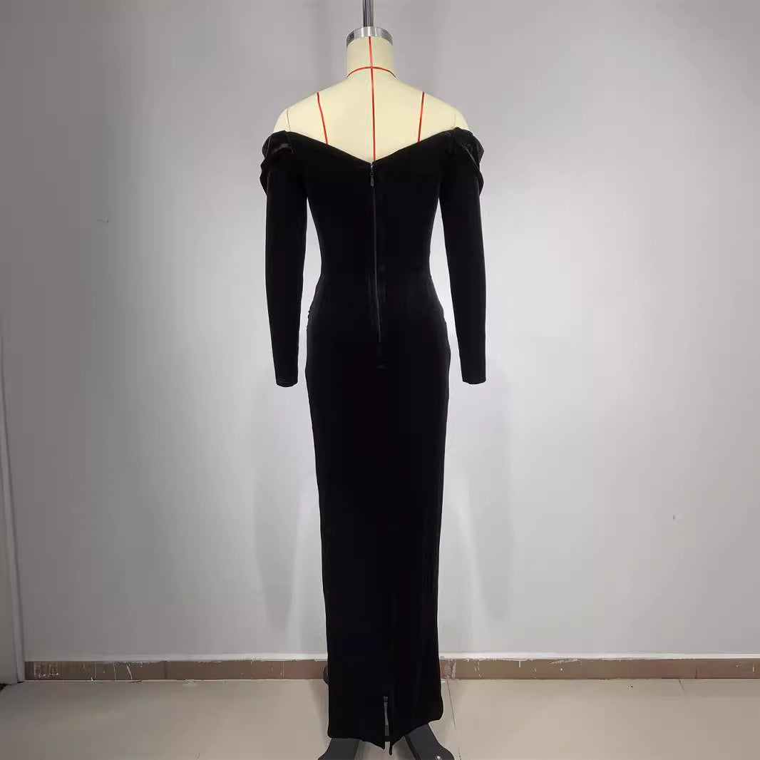 Vestido largo informal ajustado con abertura y ribete de diamantes, sin mangas, sexy, negro