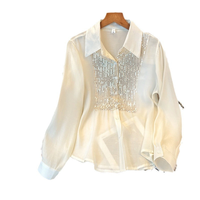 Chemise blanche à paillettes et manches longues pour femme
