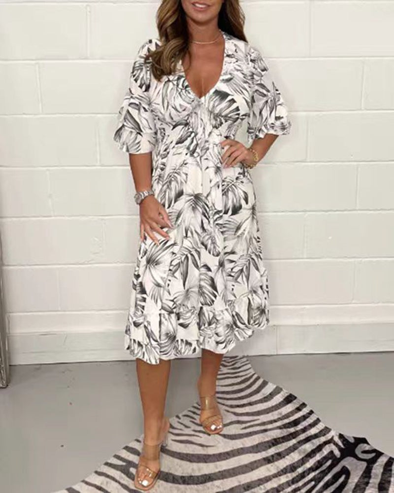Vestido casual estampado de manga larga con cuello en V Mujer