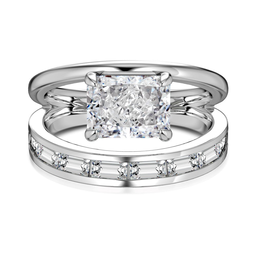 Anillo de doble capa con circonita blanca rectangular de corte en forma de flor de hielo blanca S925 de plata 8A