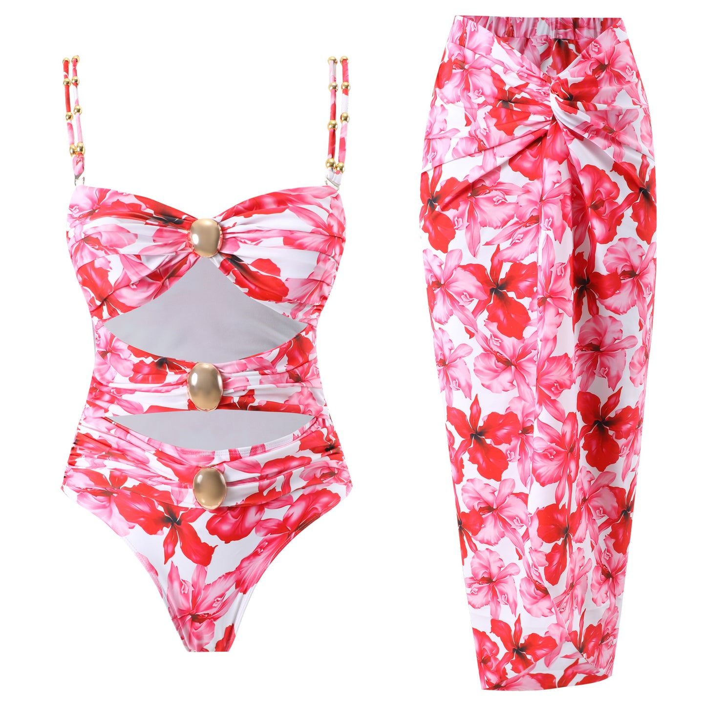 Maillot de bain bikini trois pièces fendu à boutons dorés pour femme