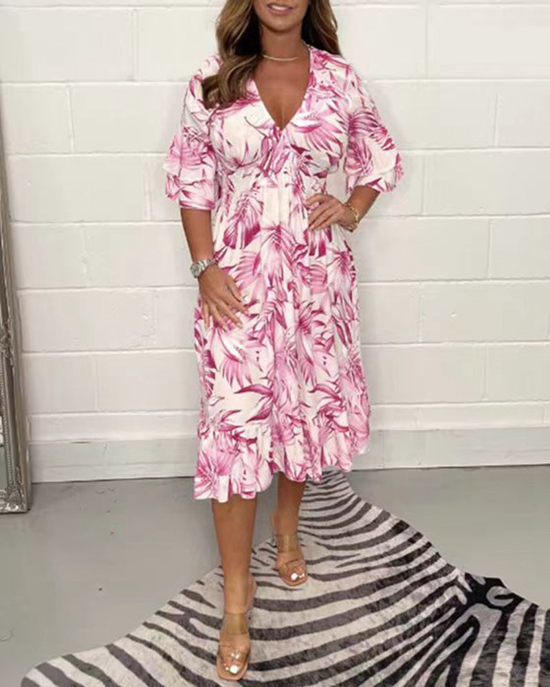 Vestido casual estampado de manga larga con cuello en V Mujer