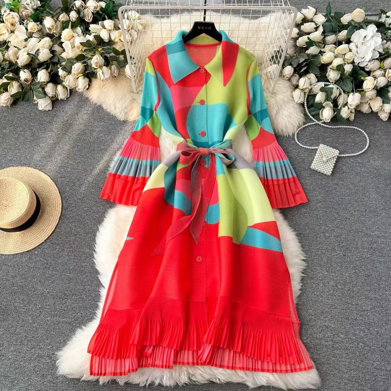 Women's French Retro Pleated Printed Dress