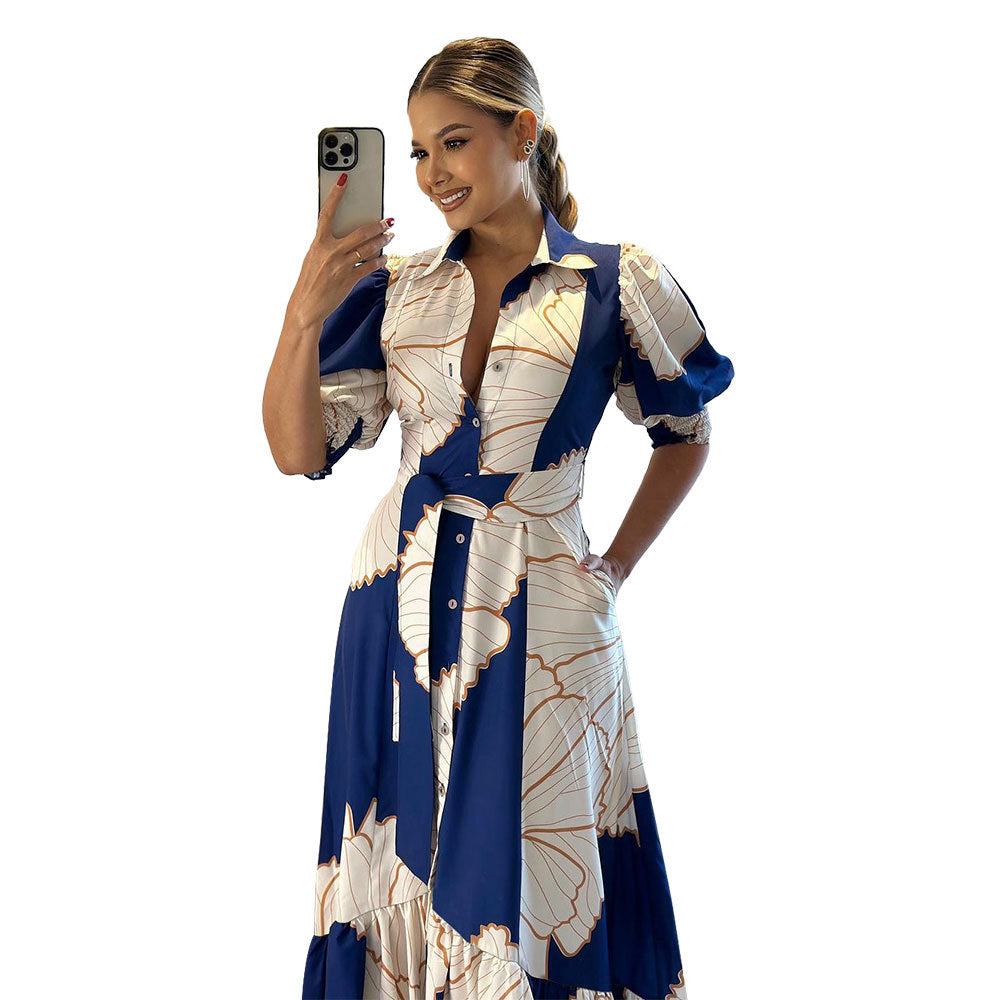 Irregular High Waist Temperament Shirt Cardigan Printing Maxi Dress