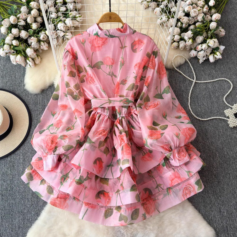 Retro Lace Up Waist Trimming Printing Ruffled Tiered Dress Short Shirt Legant Jumpsuit